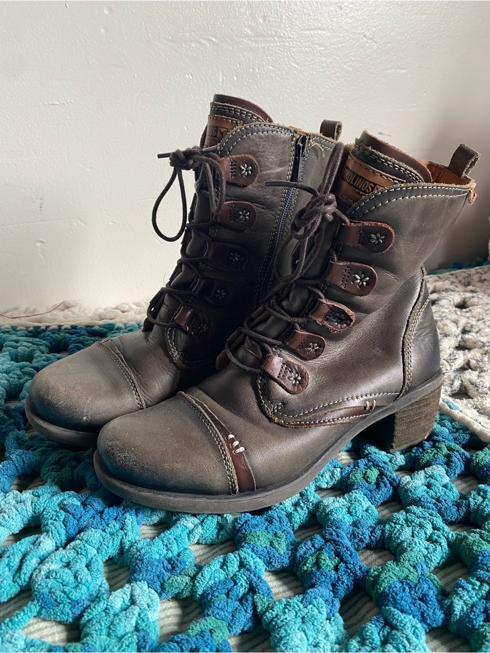 Pikolinos Leather Lace-Up Combat Boots Brown Block Heel 7